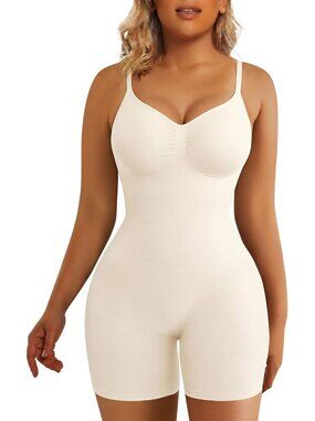 Shaperx Women's White Tummy Control Bodysuit Mid Thigh Short Body Shapewear
